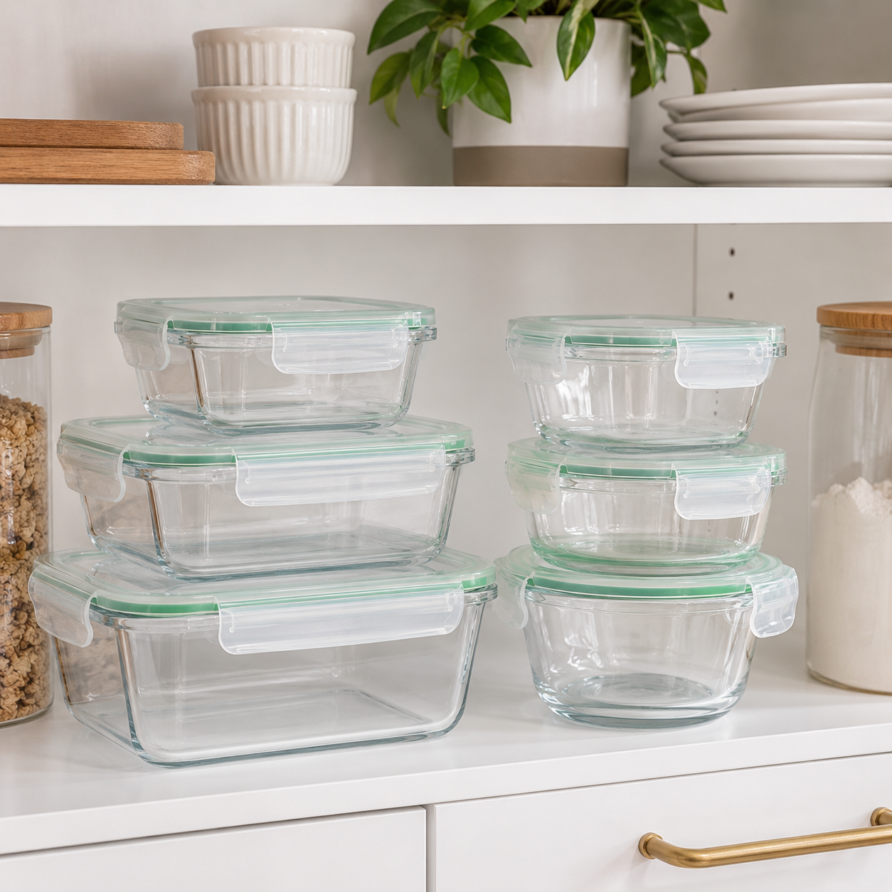 Set of clear glass food storage containers with green lids on a kitchen counter.