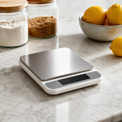 Digital kitchen scale on a marble countertop with lemons and jars in the background