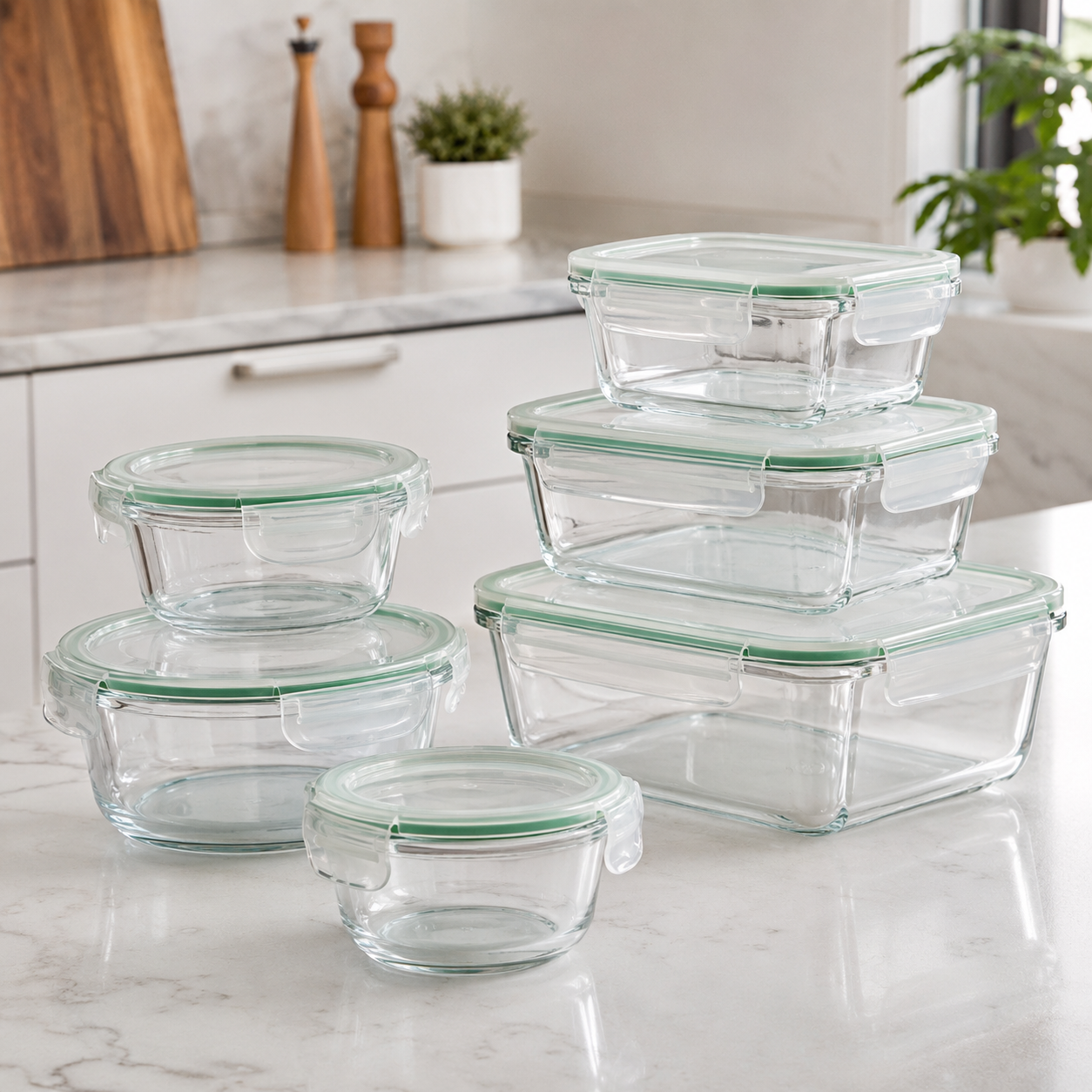 Set of glass food storage containers on a kitchen counter