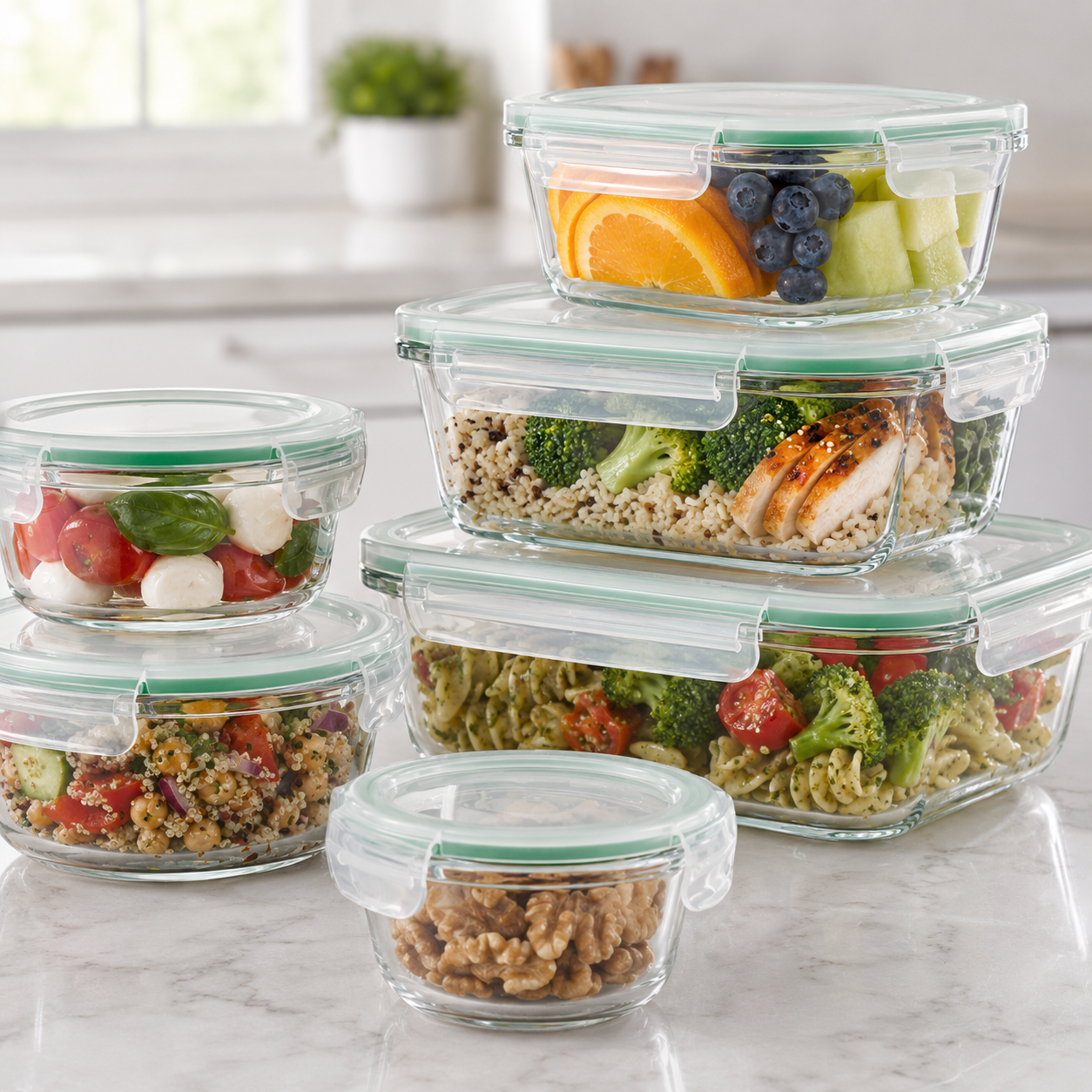 Set of glass food containers with lids on a marble surface