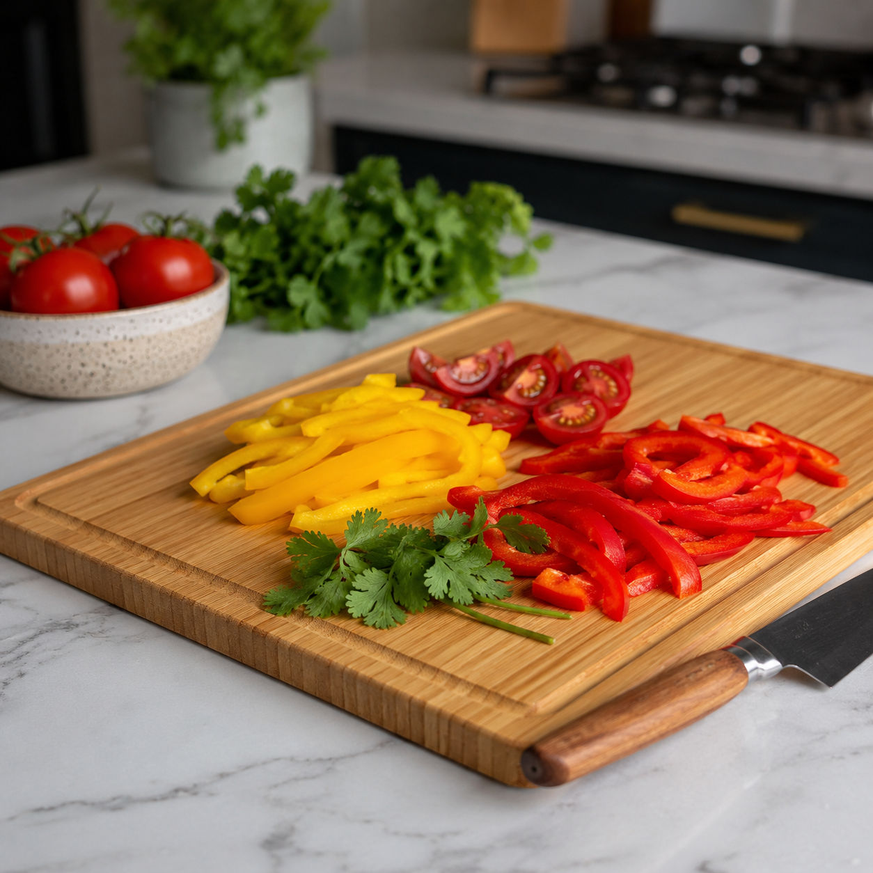 Wooden cutting board with sliced red and yellow bell peppers, tomatoes, and cilantro on a marble countertop.