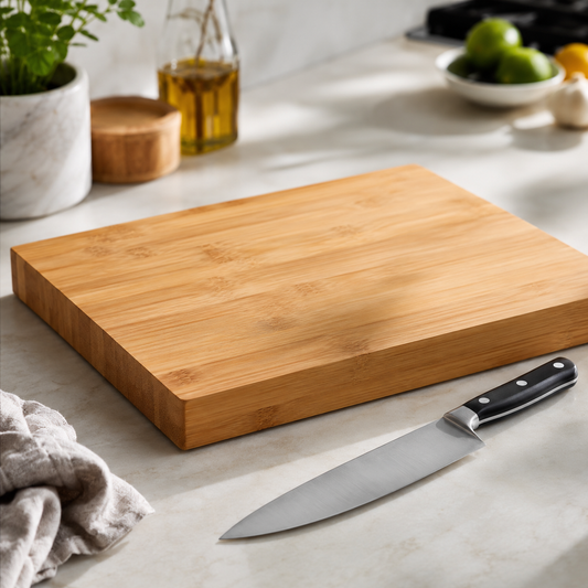 Wooden cutting board with a knife on a kitchen counter