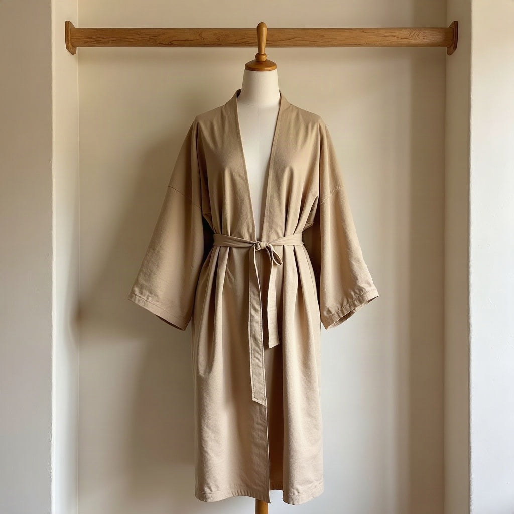 Lniane kimono z paskiem, piaskowe - zdjęcie stylizacji - Lunaliame
