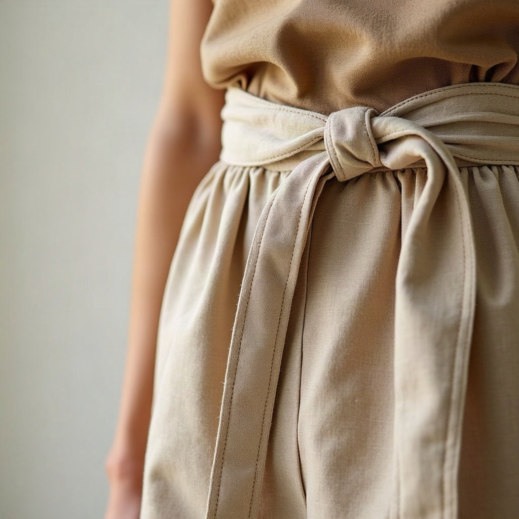 Lniane kimono z paskiem, piaskowe - zdjęcie detalu - Lunaliame