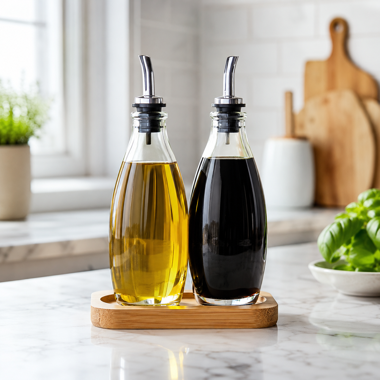 Two glass bottles with metal nozzles, one containing a yellow liquid and the other a dark liquid, on a wooden coaster in a kitchen setting.