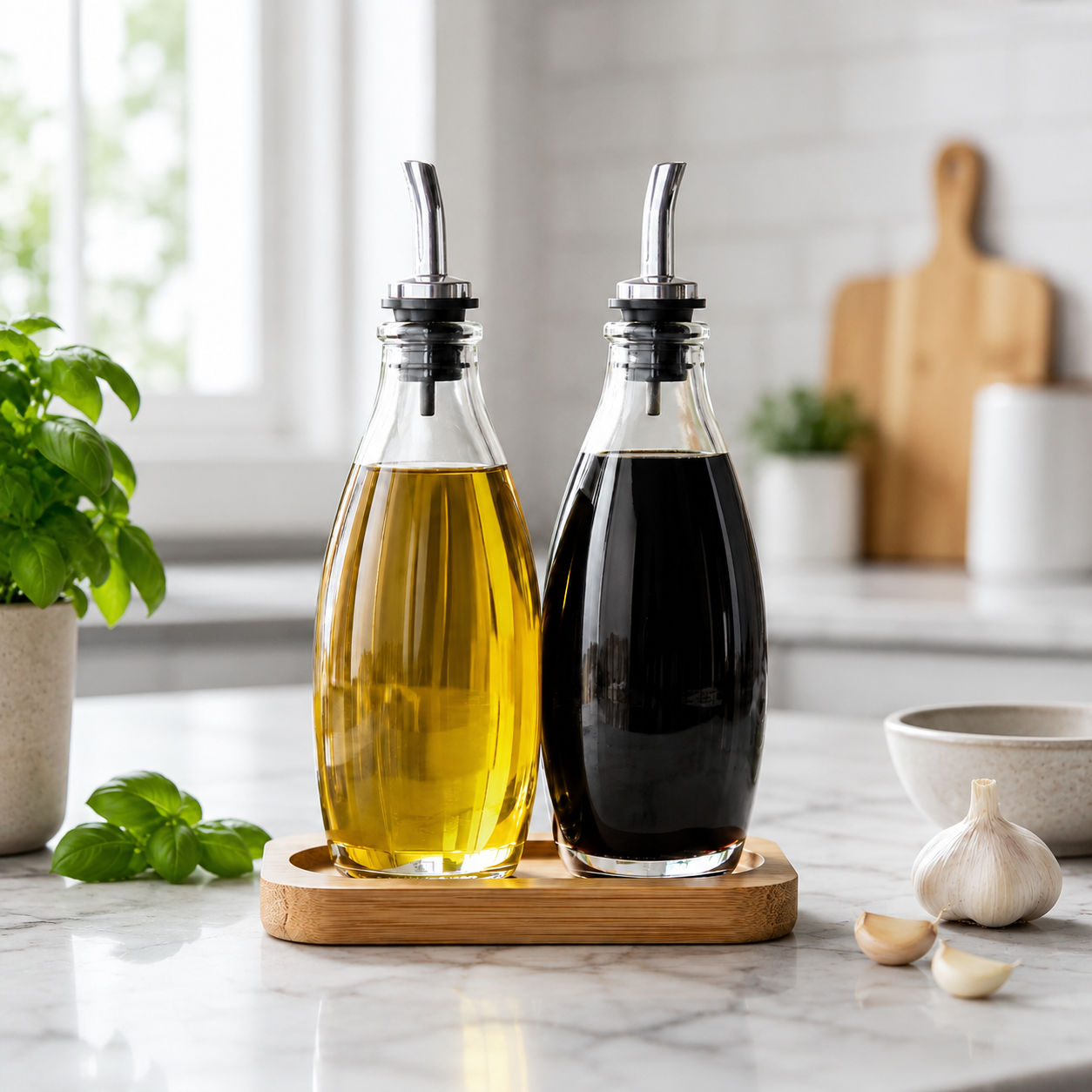 Two glass bottles with oils on a marble countertop in a kitchen setting.
