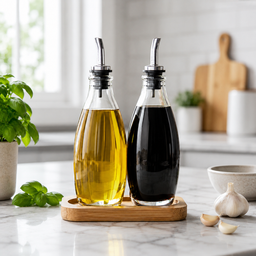 Two glass bottles with oils on a marble countertop in a kitchen setting.