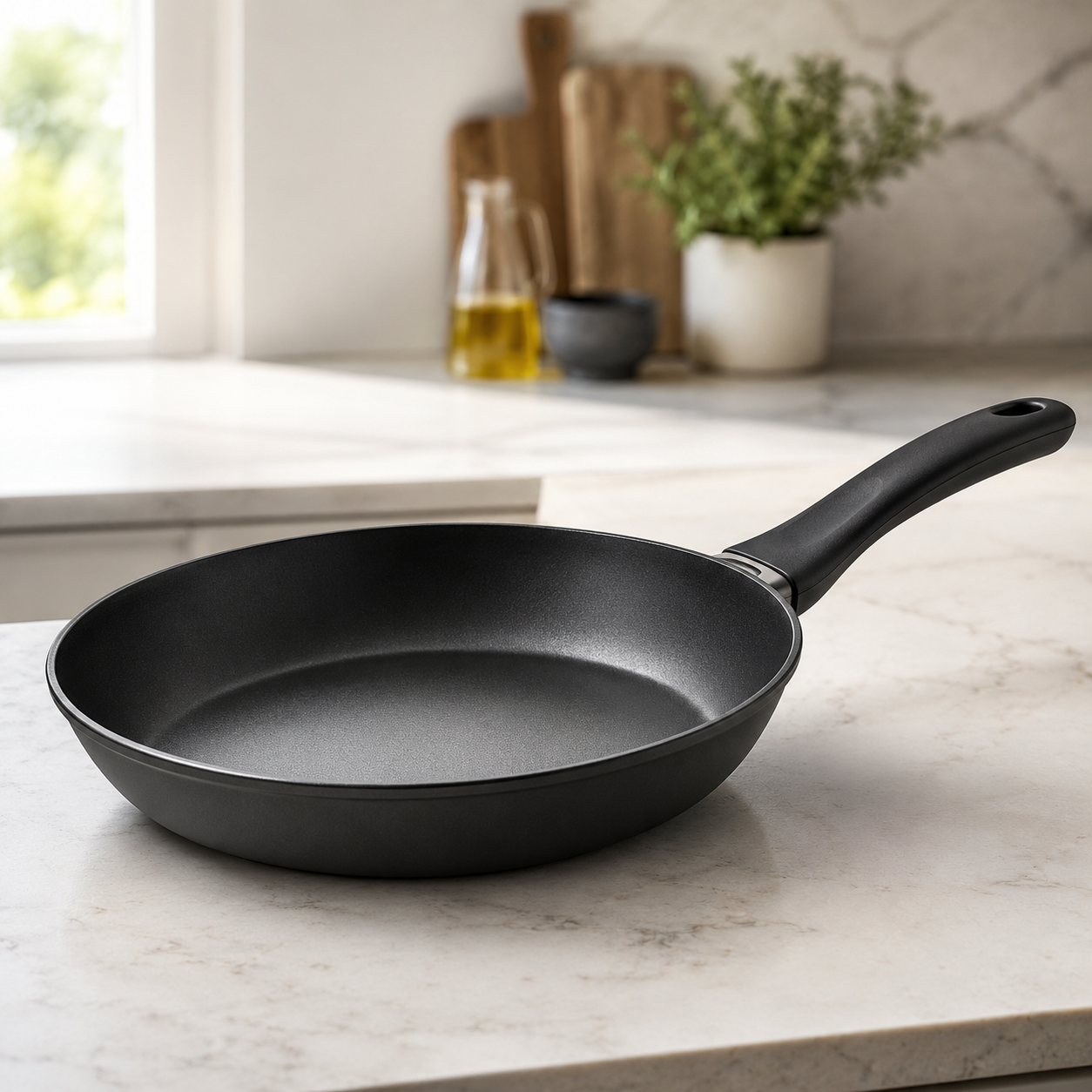 Black frying pan on a kitchen counter 
