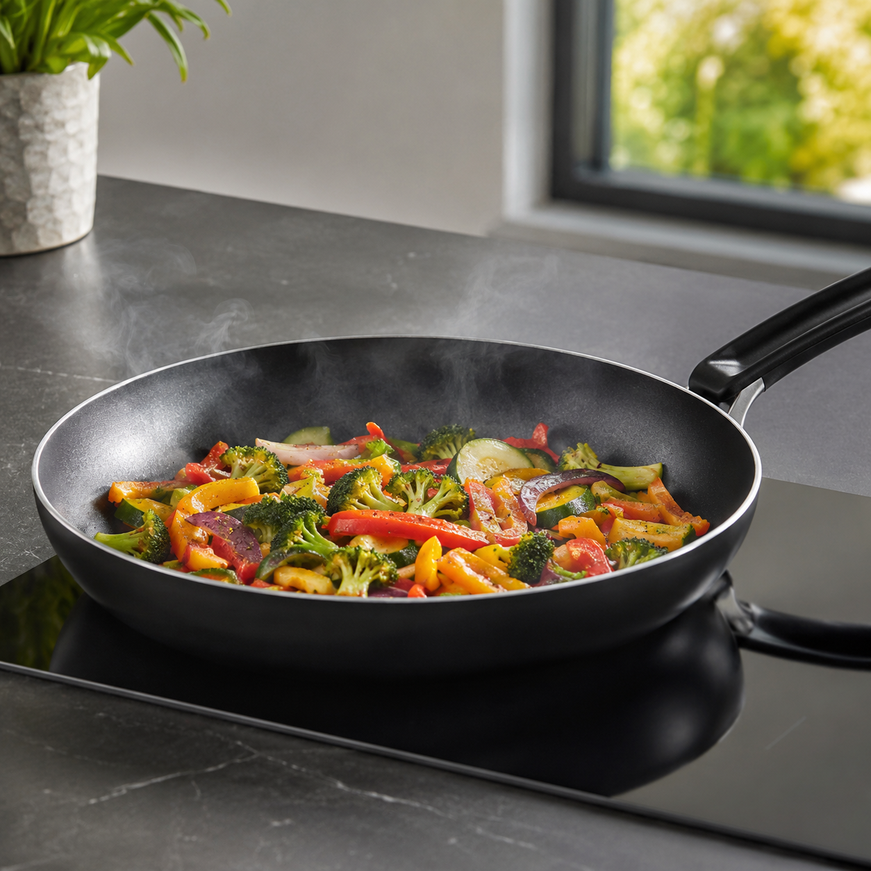 Black frying pan with cooked vegetables on a stovetop.