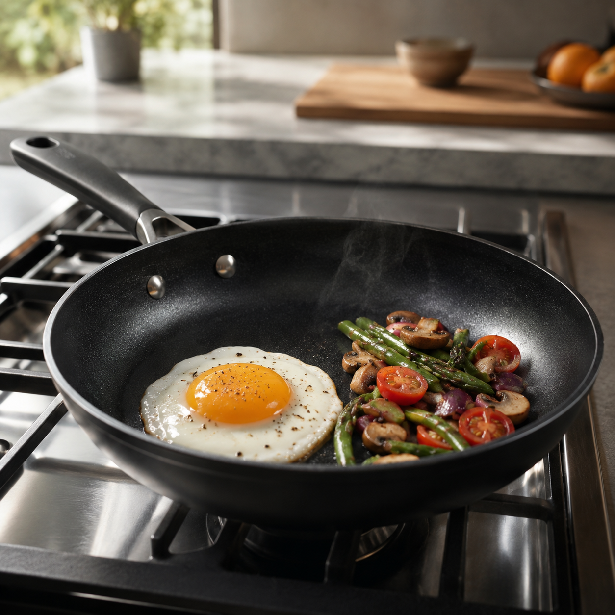 Frying pan with a fried egg and vegetables on a stove