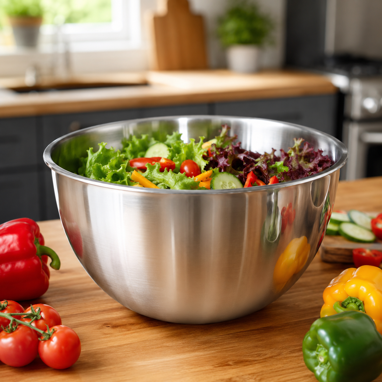 Stainless steel mixing bowl with salad on a wooden countertop in a kitchen.