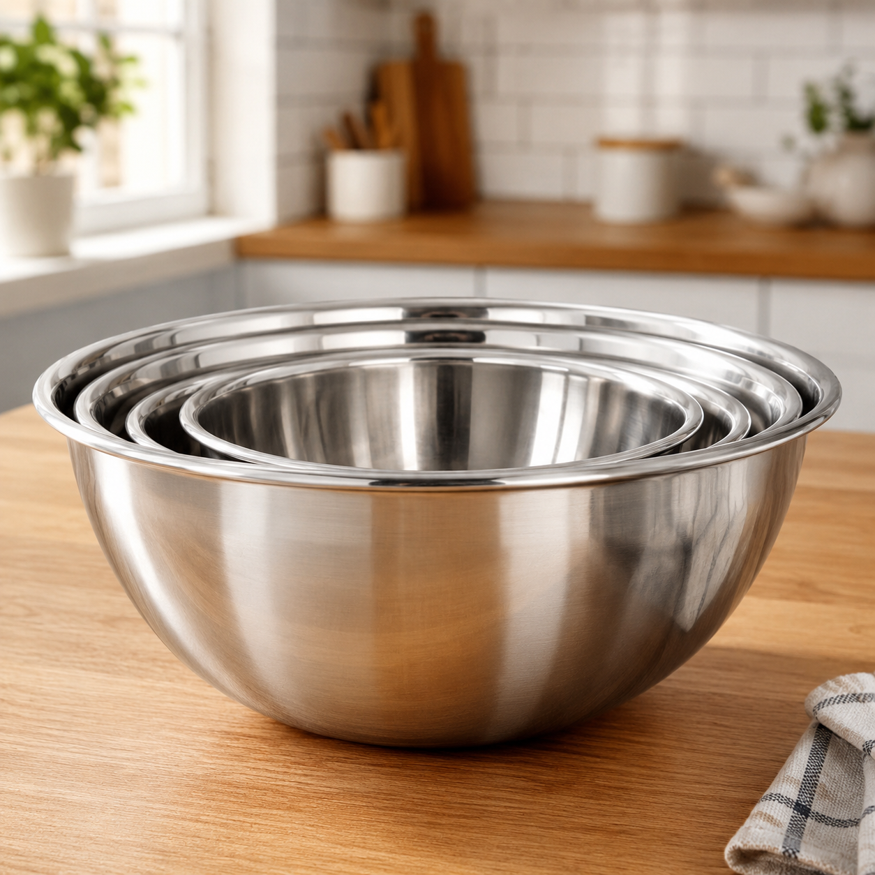 Set of stainless steel mixing bowls on a wooden table with a kitchen background.