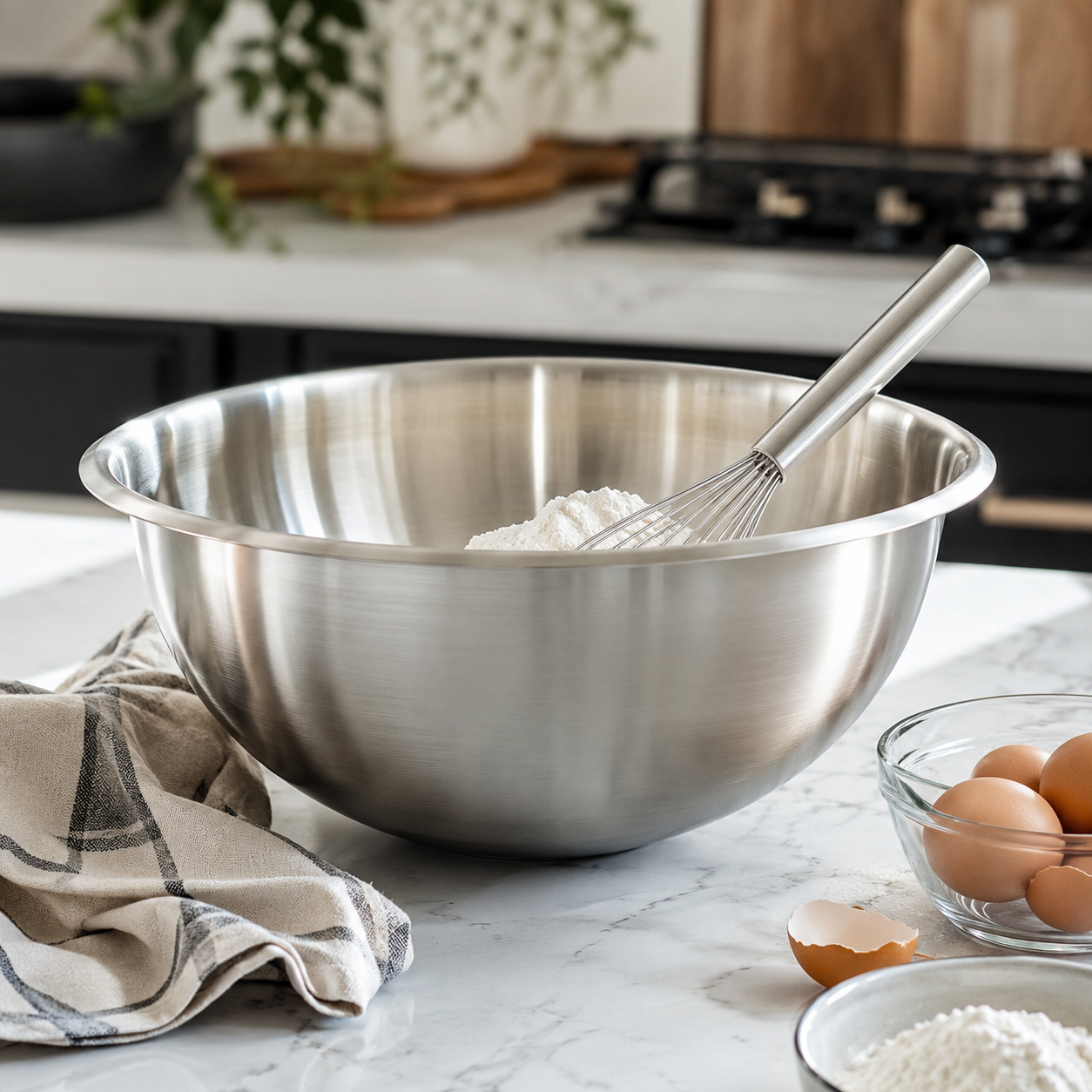 Stainless steel mixing bowl with flour and a whisk on a kitchen counter.