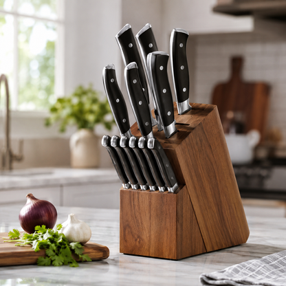 Set of knives in a wooden block on a kitchen counter with vegetables.
