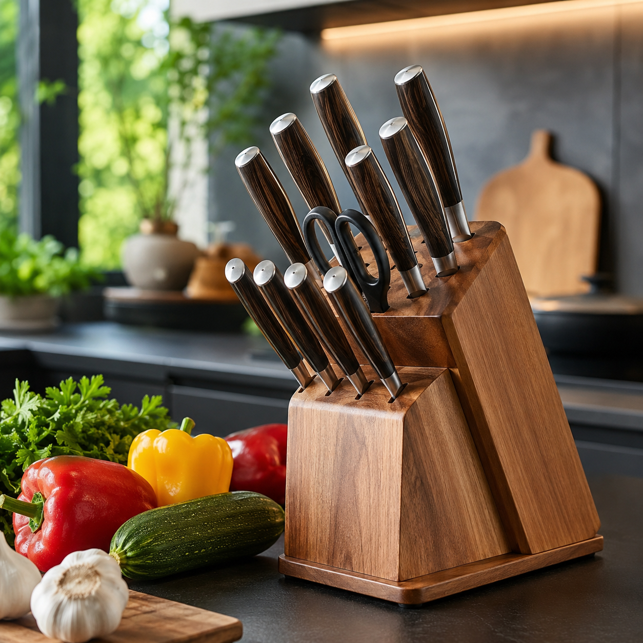 Set of knives in a wooden block on a kitchen counter with vegetables.