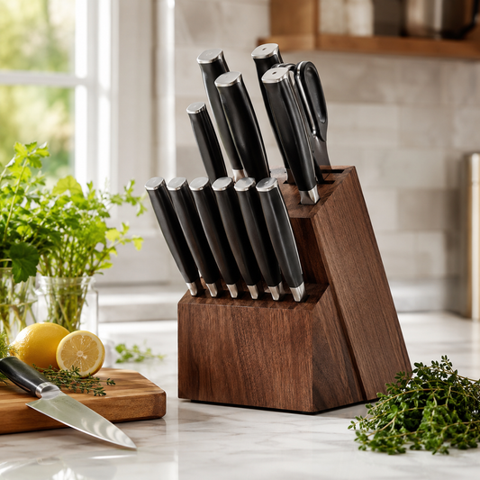 Set of black knives in a wooden block on a kitchen counter with herbs and lemons.