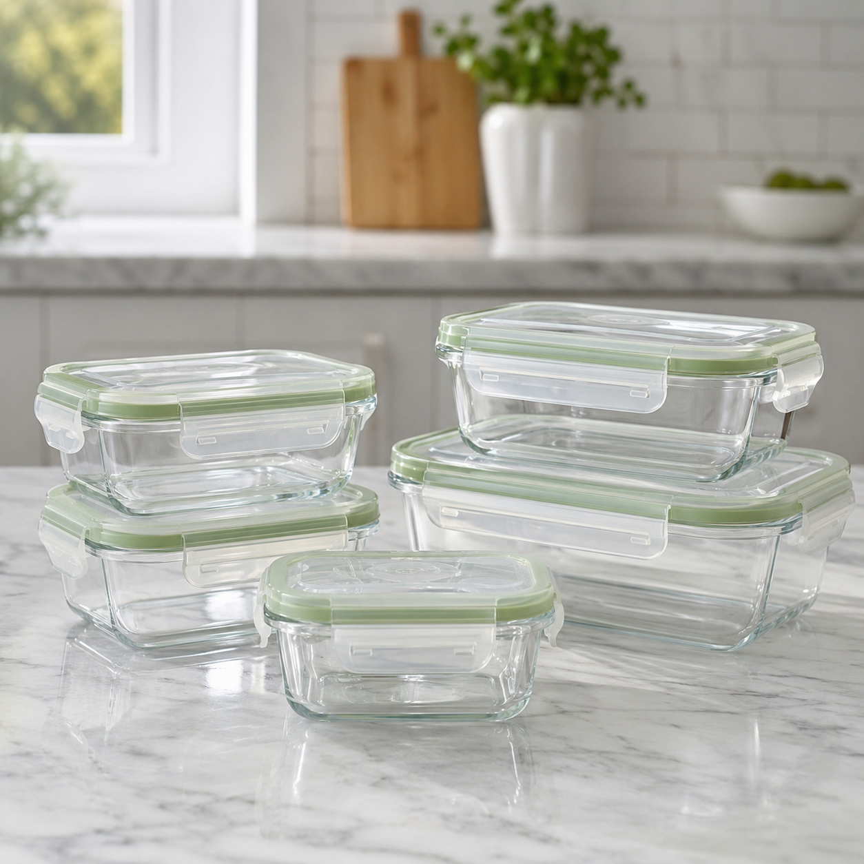 Set of glass food containers with green lids on a kitchen counter.