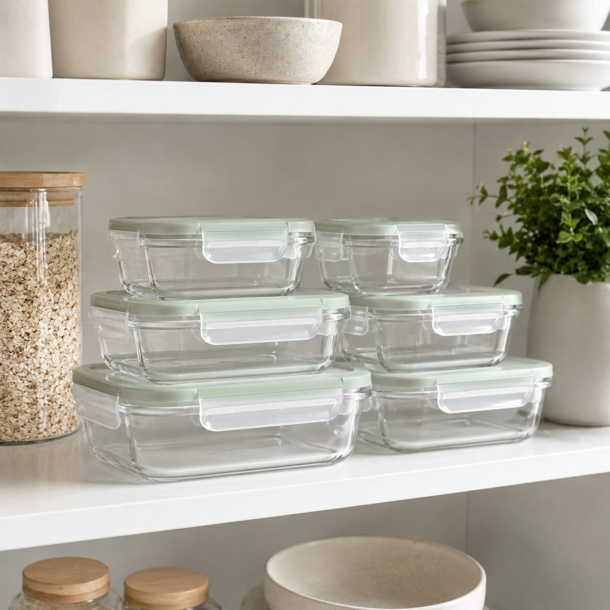Set of glass food storage containers on a kitchen shelf with bowls and a plant in the background.