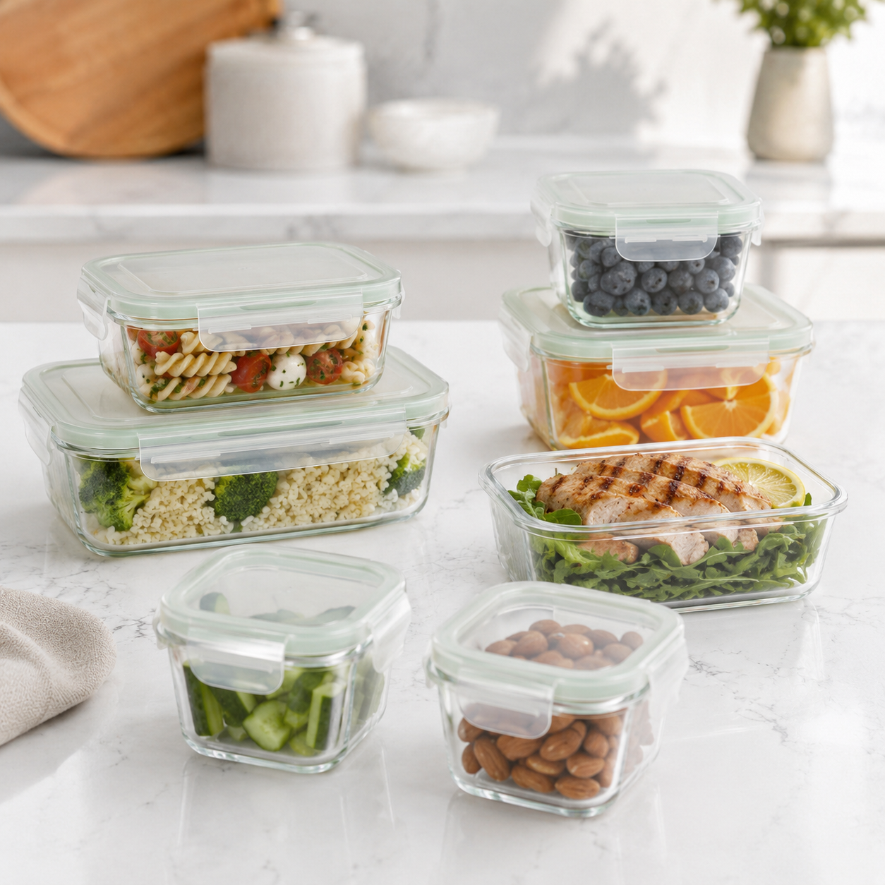 Set of glass food storage containers with various foods on a kitchen counter.