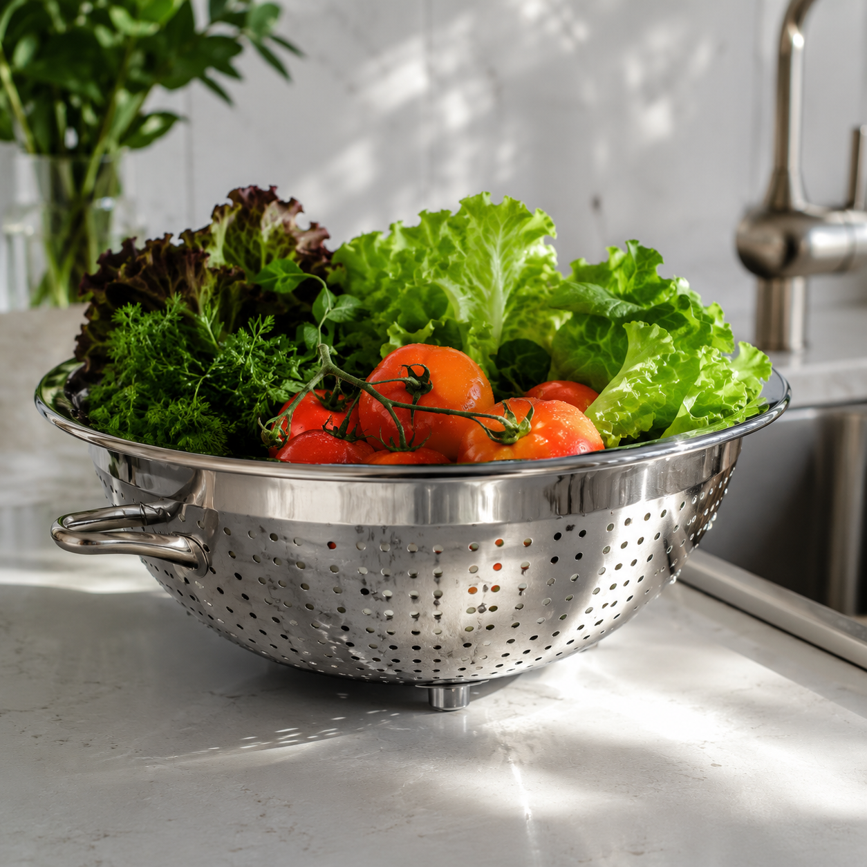 Colander filled with fresh vegetables on a kitchen counter