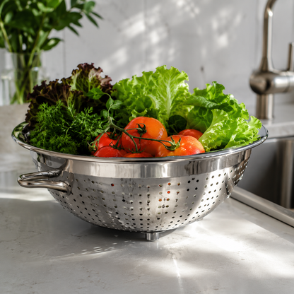 Colander filled with fresh vegetables on a kitchen counter
