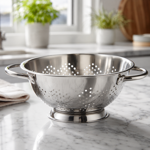 Stainless steel colander on a marble countertop with a kitchen background
