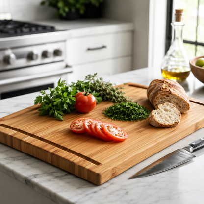 Wooden cutting board with sliced tomatoes, bread, and herbs on a kitchen counter.